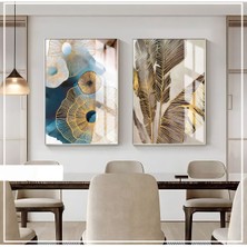 Harikabirev Krem Gold Turkuaz Renk Soyut Ve Yaprak Kombin  Çerçeveli Cam Tablo  2'li