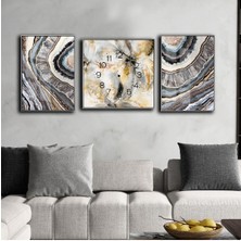 Harikabirev Gold Krem Beyaz Soyut Çiçek Kombini  Çerçeveli Saatli Cam Tablo