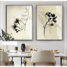 Harikabirev Soft Siyah Krem Çiçek Kombini  Çerçeveli Cam Tablo  2'li