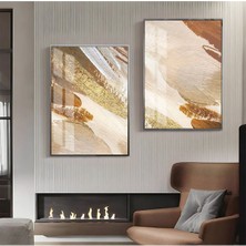 Harikabirev Krem Gold Bej Soyut Abstract Kombin  Çerçeveli Cam Tablo  2'li