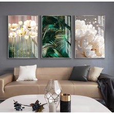 Harikabirev Krem Gold Yeşil Renk Soyut Soft Yaprak Kombin  Çerçeveli Cam Tablo 3'lü