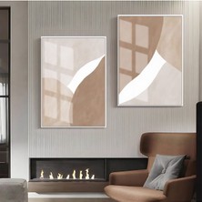 Harikabirev Krem Beyaz Bej Soyut Abstract Kombin  Çerçeveli Cam Tablo 2'li