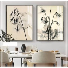 Harikabirev Soft Siyah Krem Çiçek Kombini 04  Çerçeveli Cam Tablo  2'li