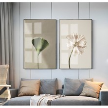 Harikabirev Yeşil Krem Çiçek Kombini  Çerçeveli Cam Tablo  2'li