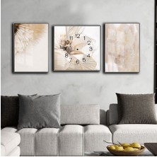 Harikabirev Krem Beyaz Çiçek Kombin Modeli  Çerçeveli Saatli Cam Tablo