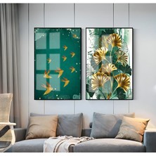 Harikabirev yeşil-Gold Kuş&yaprak Kombini 01 |çerçeveli Cam Tablo  2li Dikey