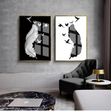 Harikabirev beyaz-Siyah Tüy Kombini 02 |çerçeveli Cam Tablo  2li Dikey