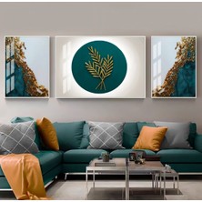 Harikabirev turkuaz-Gold Buğday Abstract Kombini 01 |çerçeveli Temperli Cam Tablo 3lü Yatay