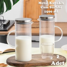 Porsima Alisa 2'li Borosilikat Cam Sürahi Metal Kapaklı Cam Karaf - Detoks Sürahi 1500 ml