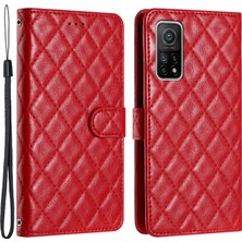 4U Sky Xiaomi Mi 10T 5G/10T Pro 5g Dikiş Hattı Eşkenar Dörtgen Cüzdan Standı Deri Telefon Kapağı-Kırmızı Için Flip Case (Yurt Dışından)