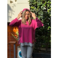 Defy Moda Kadın Pembe Kapşonlu Etek Ucu Detay Arma Ters Dikiş Gorunumlu Ikili Takım