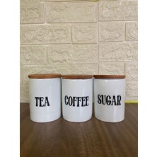 3'lü Bambu Kapaklı Porselen 800ML Tea/coffee/sugar Çay Kahve Şeker Kavanoz Seti