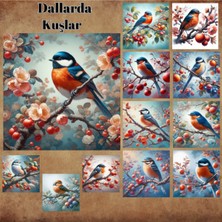 Pink Swan Craft Dallarda Kuşlar Vintage 12 Adet Scrapbook Bullet Journal Mat Planlayıcı Sticker Etiket Seti