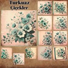 Pink Swan Craft Turkuaz Çiçekler Vintage 12 Adet Scrapbook Bullet Journal Mat Planlayıcı Sticker Etiket Seti