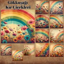 Pink Swan Craft Gökkuşağı ve Kır Çiçekleri Vintage 12 Adet Scrapbook Bullet Journal Mat Sticker Etiket Seti