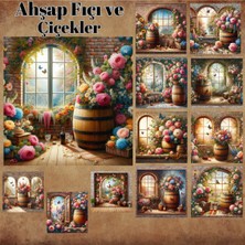 Pink Swan Craft Ahşap Fıçı ve Çiçekler Vintage 12 Adet Scrapbook Bullet Journal Mat Planlayıcı Sticker Etiket Seti