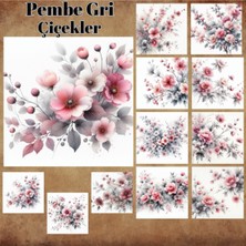 Pink Swan Craft Pembe Gri Çiçekler Vintage 12 Adet Scrapbook Bullet Journal Mat Planlayıcı Sticker Etiket Seti