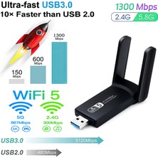 T-Max Kablosuz Wifi Alıcı Dual Band USB 3.0 Adaptör AC1300 Mbps (2025 Yeni Model)