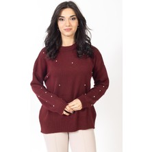Vs Kadın O Yaka Üzeri Taşlı Triko Kazak 23 508 Emy 23K Bordo