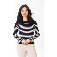 Vs Kadın O Yaka Çizgili Triko Kazak 24 120 Emy 23K Siyah/ekru