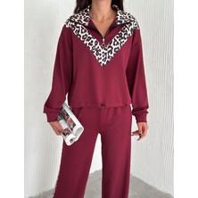 Kadın Scuba Kumaş Leopar Desen Şeritli Önü Yarım Fermuarlı Sweatshirt Bol Paça Eşofman Takım
