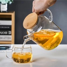 Dezi Vakumlu Bambu - Metal Kapaklı Isıya Dayanıklı Borosilikat Cam Demlik, Süzgeçli Demlik (1000 Ml) Teapot