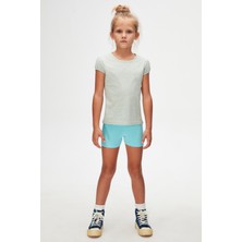 Açık Yeşil Melanj Basic Kız Çocuk Sıfır Yaka Karpuz Kol Tişört