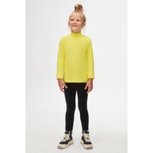 Fosforlu Sarı Basic Kışlık Yarım Balıkçı Yaka Uzun Kollu Kız Çocuk Tişört