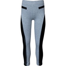 Açık Gri Yanı Deri Panelli Pike Kumaş Kız Çocuk Tayt