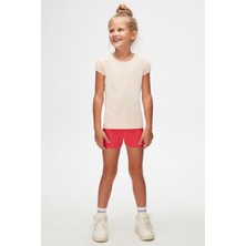 Açık Pudra Basic Kız Çocuk Sıfır Yaka Karpuz Kol Tişört