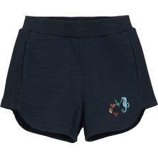 Koyu Lacivert İki İplik Deniz Atı Baskılı Kız Çocuk Şort