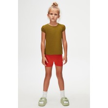 Zeytin Yeşili Basic Kız Çocuk Sıfır Yaka Karpuz Kol Tişört