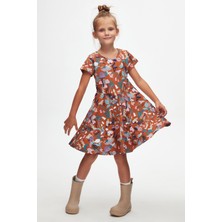 Kahverengi Forest Animals Kız Çocuk Desenli Kısa Kollu Elbise