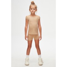 Sütlü Kahve Basic Kız Çocuk Sıfır Yaka Karpuz Kol Tişört