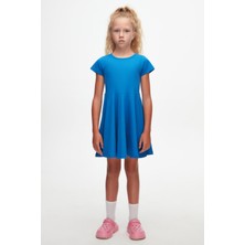 Saks Renkli Basic Kız Çocuk Kısa Kollu Elbise