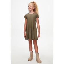 Kamuflaj Yeşil Renkli Basic Kız Çocuk Kısa Kollu Elbise