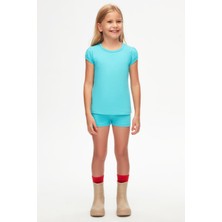 Açık Turkuaz Basic Kız Çocuk Sıfır Yaka Karpuz Kol Tişört