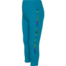 Koyu Petrol New York Baskılı Şardonlu Kız Çocuk Kışlık Tayt