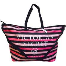 Vs Simli Siyah Pembe Çizgili Askılı Duffle Carryall Tote