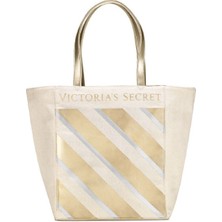 Victoria's Secret Vs Krem Gold Çizgi Desenli Kanvas Tote Omuz Çantası