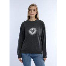 Kadın Kalp Baskılı 3 Iplik Şardonsuz Sweatshirt Antrasit Melanj