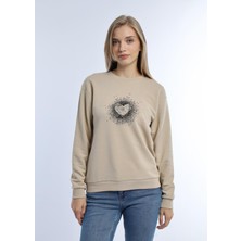 Kadın Kalp Baskılı 3 Iplik Şardonsuz Sweatshirt Bej