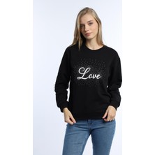 Kadın Love Baskılı 3 Iplik Şardonsuz Sweatshirt Siyah