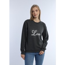 Kadın Love Baskılı 3 Iplik Şardonsuz Sweatshirt Antrasit Melanj