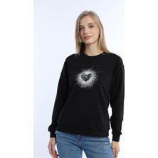 Kadın Kalp Baskılı 3 Iplik Şardonsuz Sweatshirt Siyah