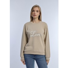 Kadın Love Baskılı 3 Iplik Şardonsuz Sweatshirt Bej