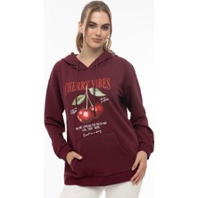 Kadın Kiraz Baskılı 3 Iplik Şardonsuz Sweatshirt Bordo
