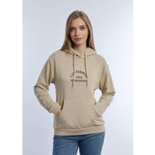 Kadın 3 Iplik Şardonsuz Kapüşonlu Sweatshirt Bej