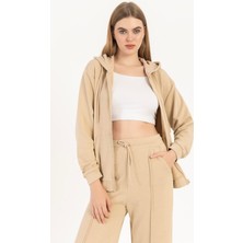 Kadın Fermuarlı Regular Fit Sweatshirt Bej