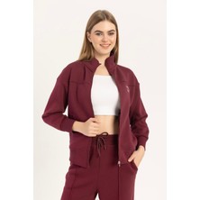 Kadın Fermuarlı Dik Yaka Sweatshirt Bordo